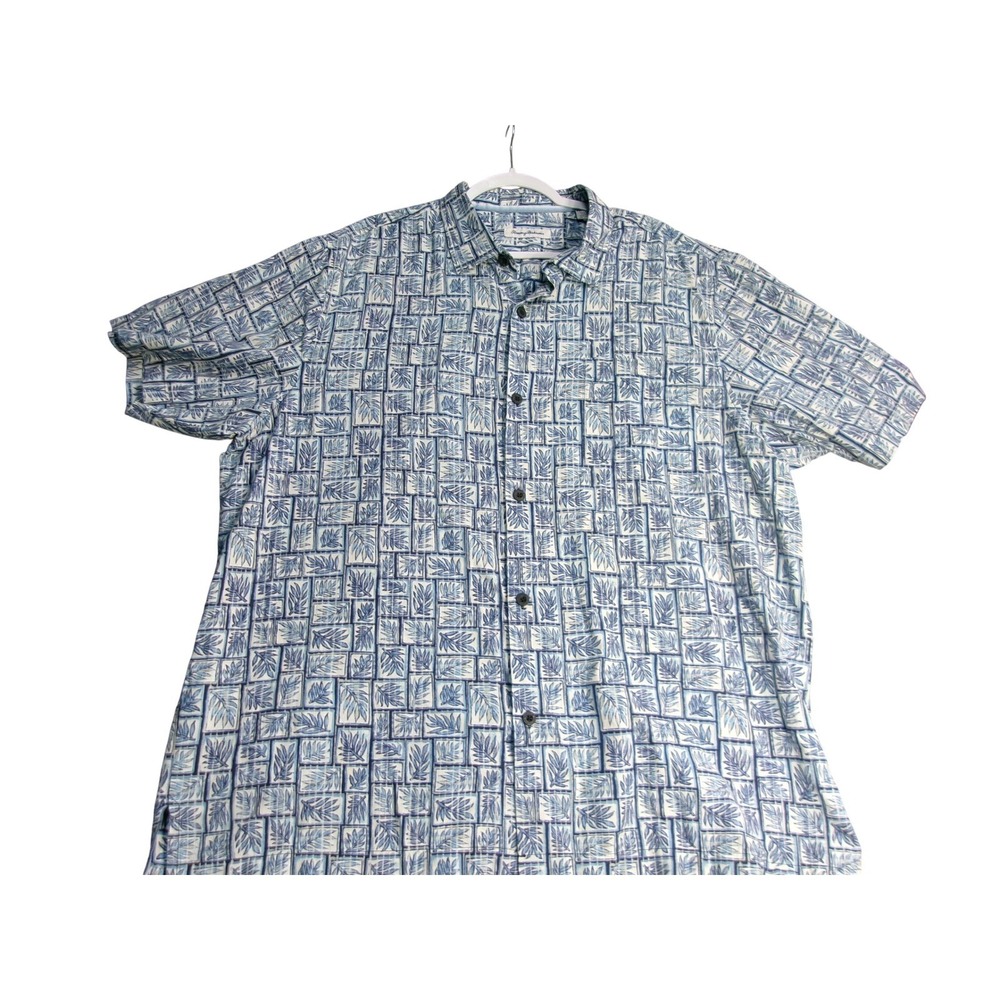 Tommy Bahama Mens 2XL Hawaiian Shirt Blue White‎ Leaf Print Short Sleeve Silk